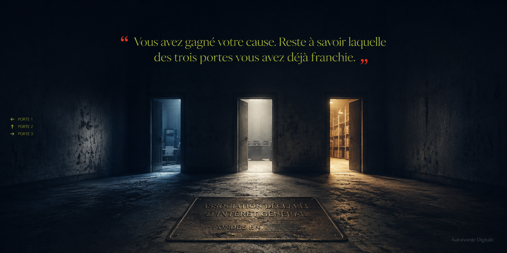 Trois portes entrouvertes dans un couloir sombre, chacune éclairée d'une lumière différente (bureau, salle d'audience, entrepôt), avec au sol une plaque en laiton gravée « Association déclarée d'intérêt général, fondée en… ». En haut, la citation : Vous avez gagné votre cause. Reste à savoir laquelle des trois portes vous avez déjà franchie.