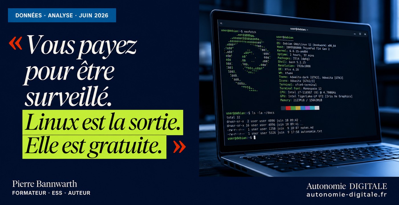Visuel éditorial Autonomie Digitale : citation Vous payez pour être surveillé. Linux est la sortie. Elle est gratuite. Terminal Debian visible. Signature Pierre Bannwarth, Formateur ESS Auteur.